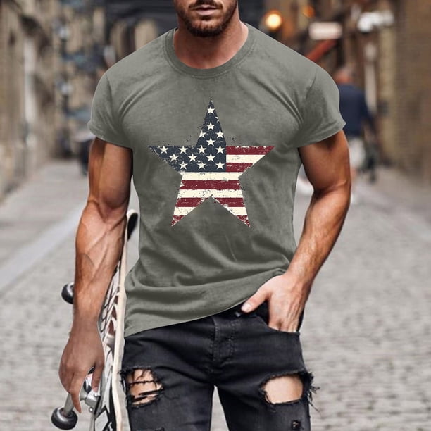 Tops para hombre, blusas y camisas de cuello redondo y manga corta para hombre, camiseta de cuello redondo y manga corta con estampado de la bandera del Día de la Independencia de Estados Unidos para