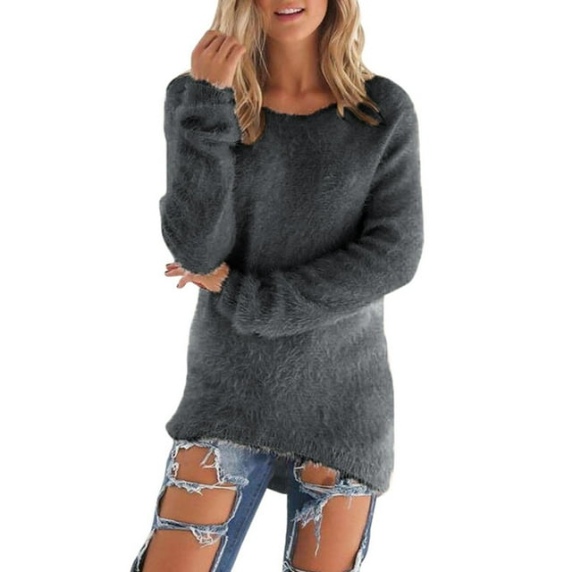 GDREDA Sweater For Womens Lightweight Soft Long Sleeve Crewneck Pullovers Sweater Loose Fuzzy Sweater Grey,L