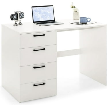 White Desk with Drawers, Home Office Desk with 4 Storage Drawers, Modern Vanity for Bedroom, Teen Writing Study Table, Wood Computer Workstation for Study Room, 43.5"×23.5"×30" (L×W×H)