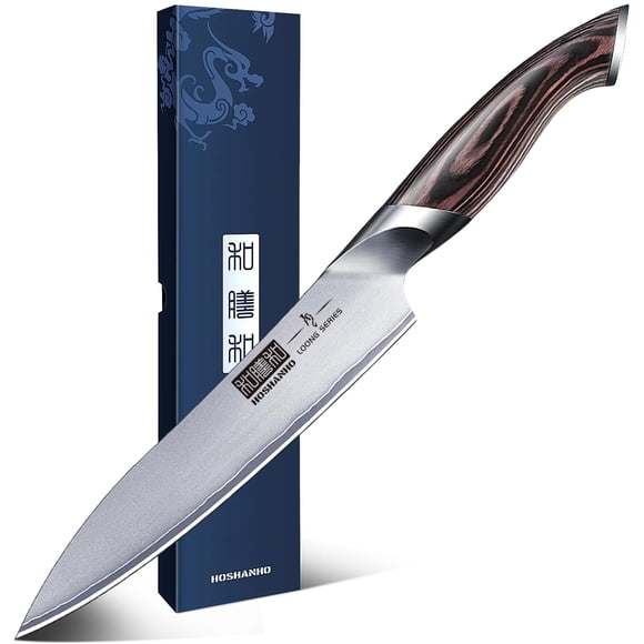 Cuchillo de Cocina HOSHANHO de 6 Pulgadas, Ultra Afilado, Acero Inoxidable Japonés de Alto Carbono, Cuchillo de Chef Multifuncional con Mango Ergonómico de Madera Pakkawood