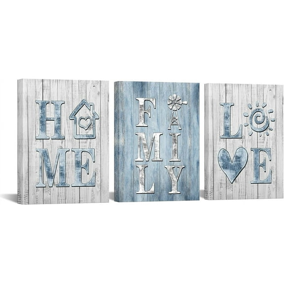 Hieng Rustic Blue and Grey Wall Decor Home Family Love Painting Canvas Art Vintage Family Sign Decoration for Farmhouse Kitchen Dining Room