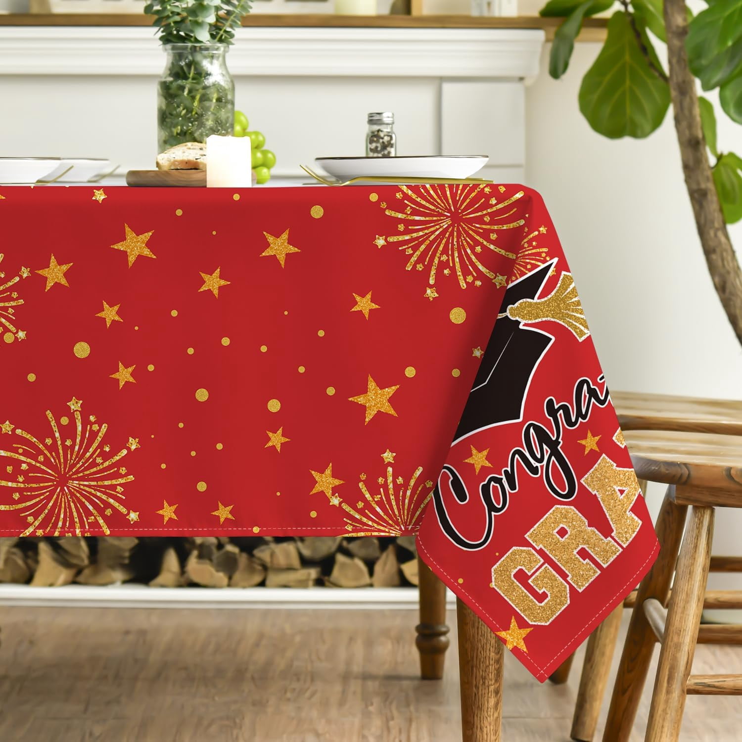 Graduation Rectangular Tablecloth 60×84 Inch, Red Gold Bachelor Grad Cap Washable Table Cover for Party Picnic Dinner Decor