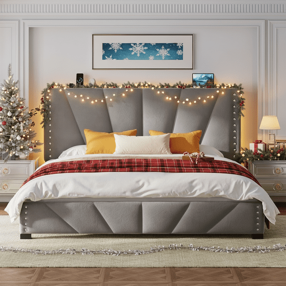 Romorgniz Queen Size Bed Frame with Underbed Storage Upholstered Bed Frame with Adjustable Headboard & LED Light & Charge Station ,Gray