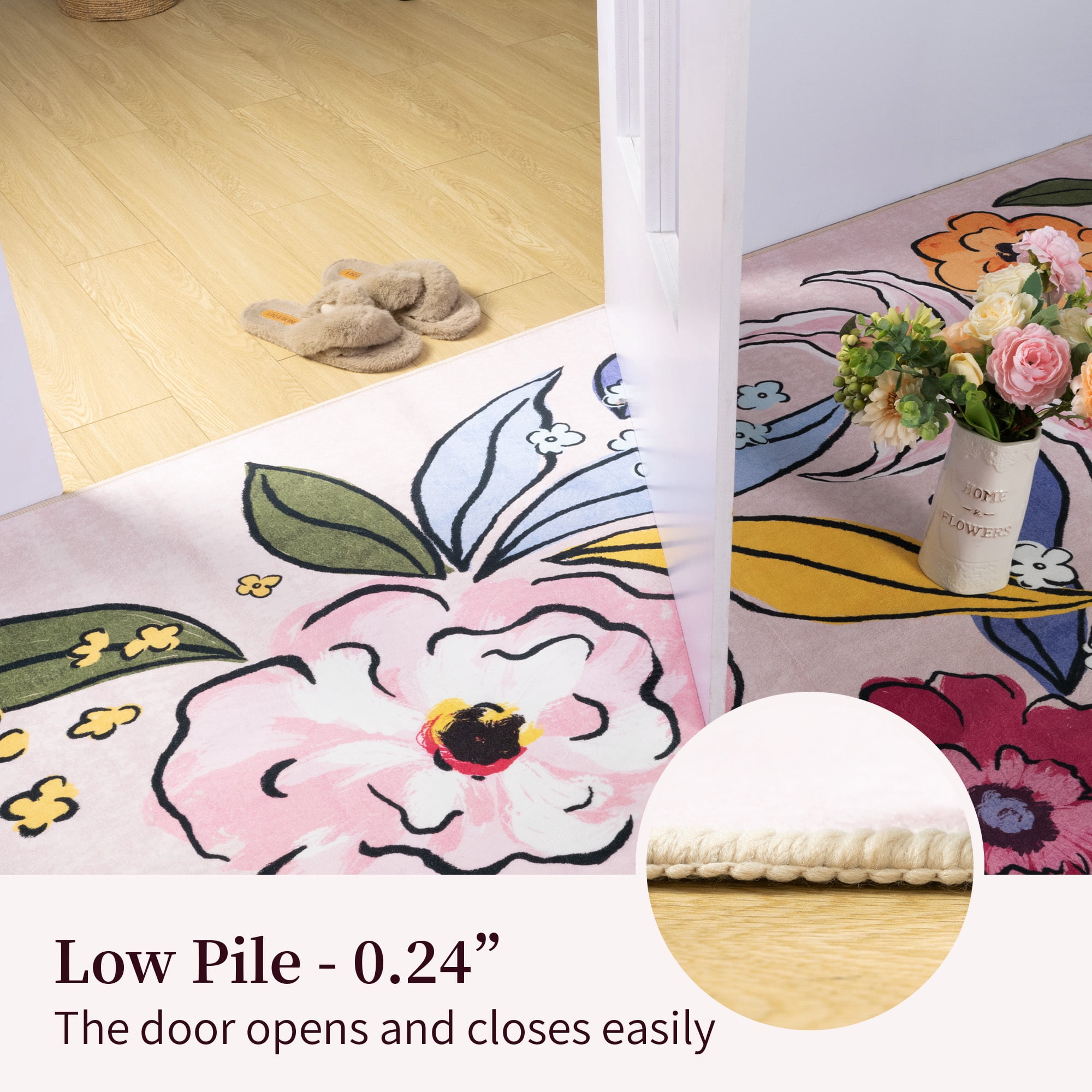 Wondo Washable Non-Slip 5x8 Floral Area Rug - Soft Pink Low Pile Floor Carpet with Botanical Big Flower Design for Girls Bedroom, Living Room, Dining Room, Kids Classroom Office