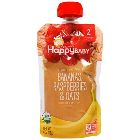 Happy Family Baby Food Nurture Inc. (Happy Baby), Organic Baby Food, Stage 2, Clearly Crafted, Bananas, Raspberries & Oats, 6+ Months, 4 oz (pack of 1) ()