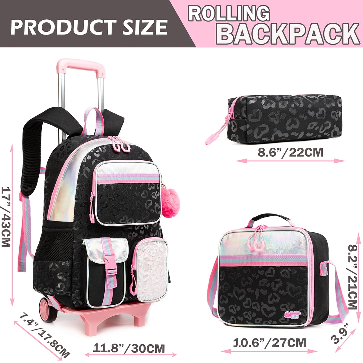 Kids Rolling Backpacks for Girls with Wheels School Bookbag with Lunch Box Pencil Case for Elementary School Students Teen Ages 8-10