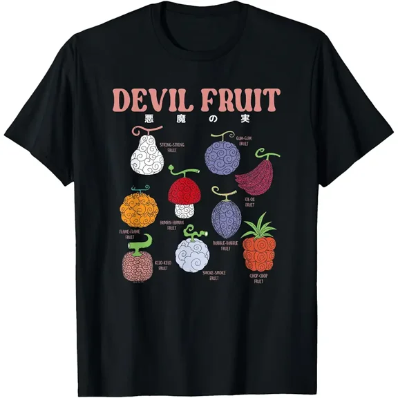 Anime Devil Fruit Varieties Colorful Fantasy Illustration Unisex T-Shirt, up to Size 5XL