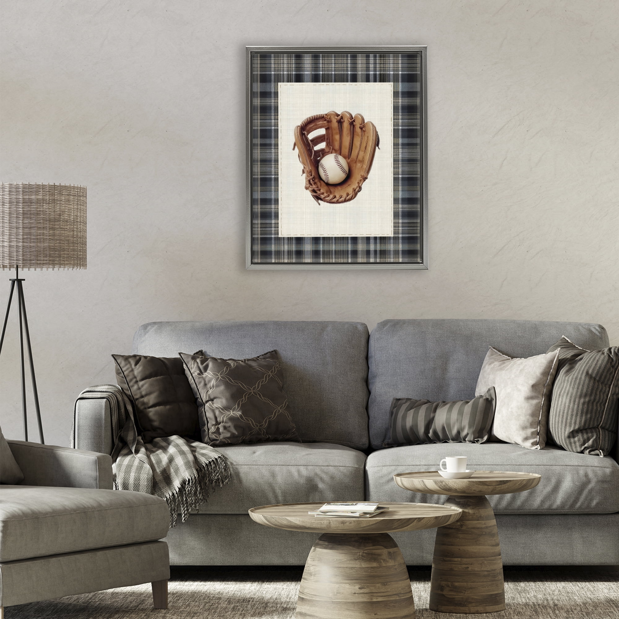 Stupell Industries Baseball Glove with Plaid Gray Framed Floater Canvas Wall Art, design by Arlington Prints