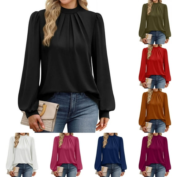 Womens Dressy Business Casual Blouse Elegant Long Sleeve Pleated Tops Work Shirt Fall Outfits