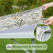 Square Tablecloth with Elastic Edge, Floral Botanical Vinyl Table Cover Waterproof Wipeable for Kitchen Dining Farmhouse Picnic Rustic Decor