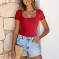 thumbnail image 5 of larppty Women's Square Neck Short Sleeve Long Sleeve Bodysuit Sexy Body Suits Shirt Slim Fitted Tops（Red， L）, 5 of 5