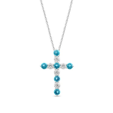 Brilliance Fine Jewelry Simulated Blue Topaz and Cubic Zirconia Cross Pendant in Sterling Silver