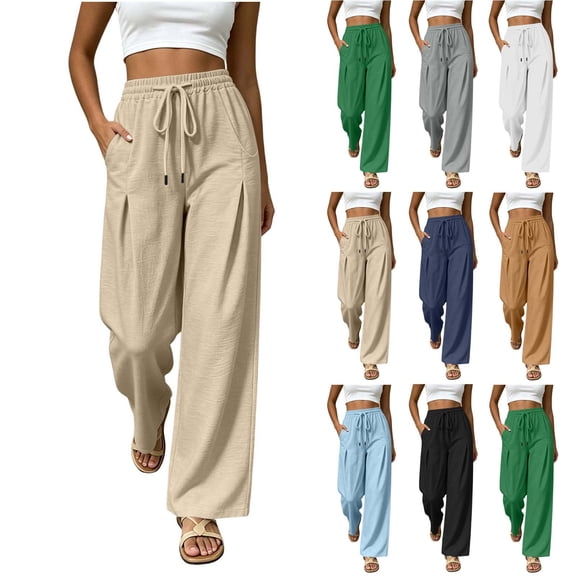 Women's Soft Drawstring Wide Leg Pants, Casual Solid Color Pull On Trousers, Harem Joggers with Functional Pockets, Summer Lightweight Breathable for Work Vacation | TruBelle,Beige L
