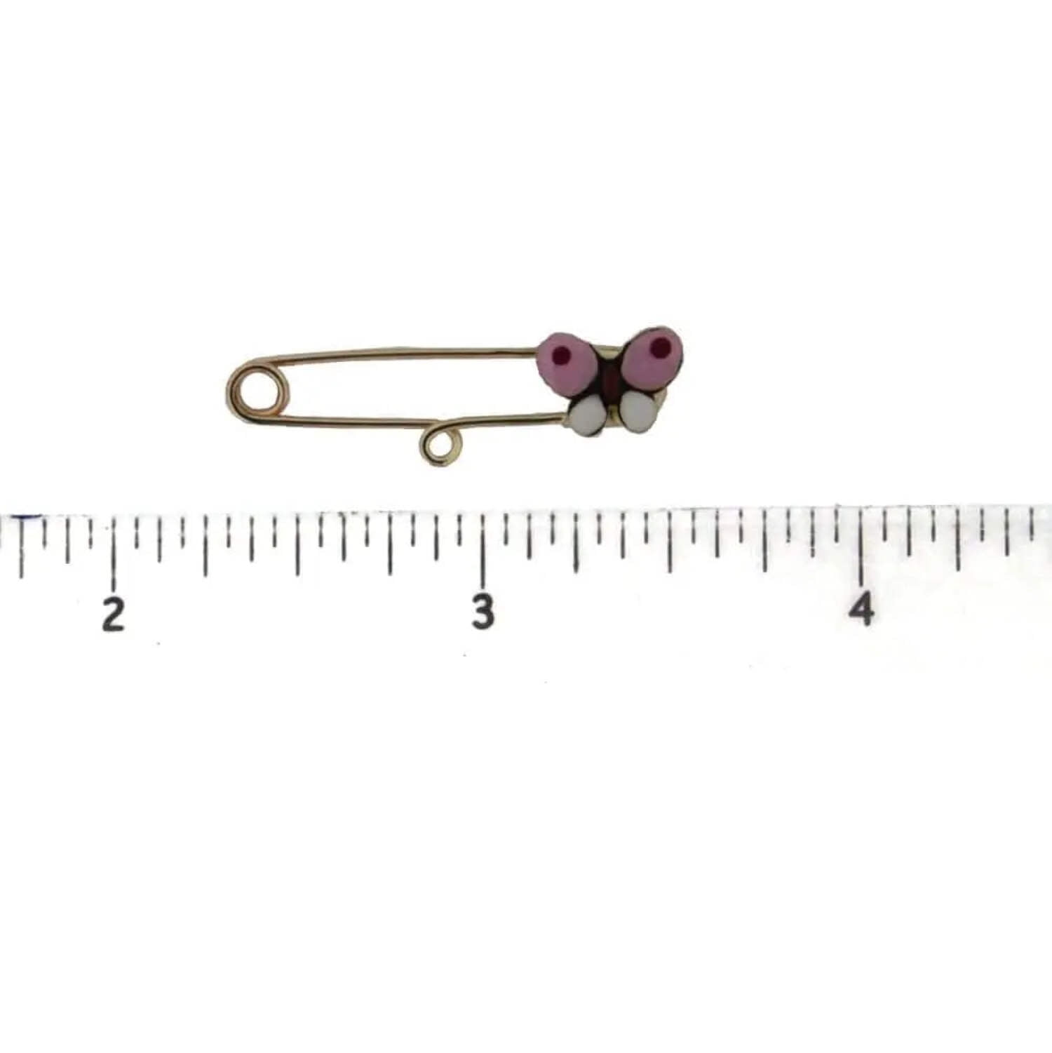 18K yellow gold pink and white enamel butterfly safety pin with center ring 1.20 inch long