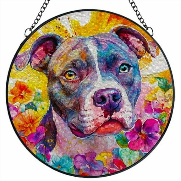 Stained Glass Suncatcher Panel Watercolor Pitbull Dog in Flowers Handmade Glass Wingdow Hanging Suncatcher Ornaments Crafts Kits for Memorial and Garden Indoor Decor 6.3inch-2