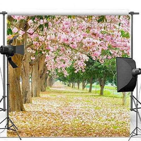 Image of GreenDecor 5x7ft Pink Flower Cherry Blossom Birch Pine Tree Scene backdrops wall party backgrounds