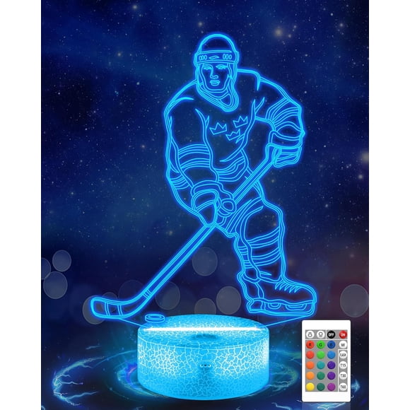 3D Ice Hockey Night Light for Kids, FULLOSUN Illusion Optical LED Lamp with16 Colors Changing Remote Control, Athlete Sport Fan Bedroom Bedside Home Decoration Birthday Xmas Gift for Boy Children
