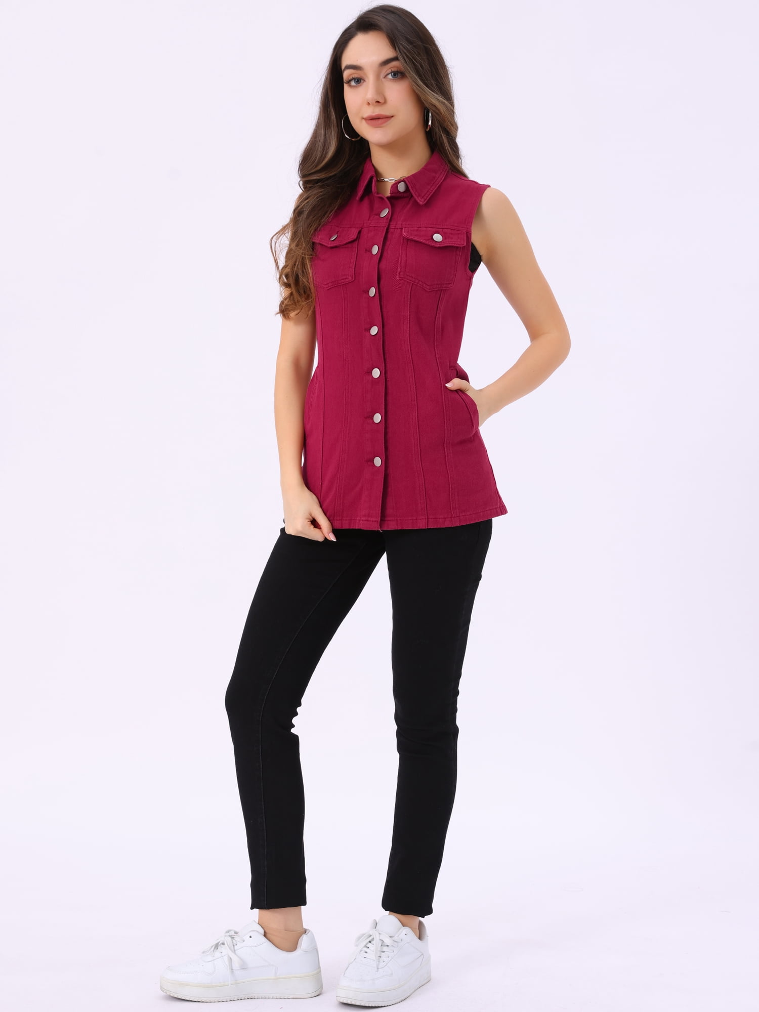 DARING DIVA Women's Button Down Sleeveless Pockets Mid-Long Denim Vest S Dark Red