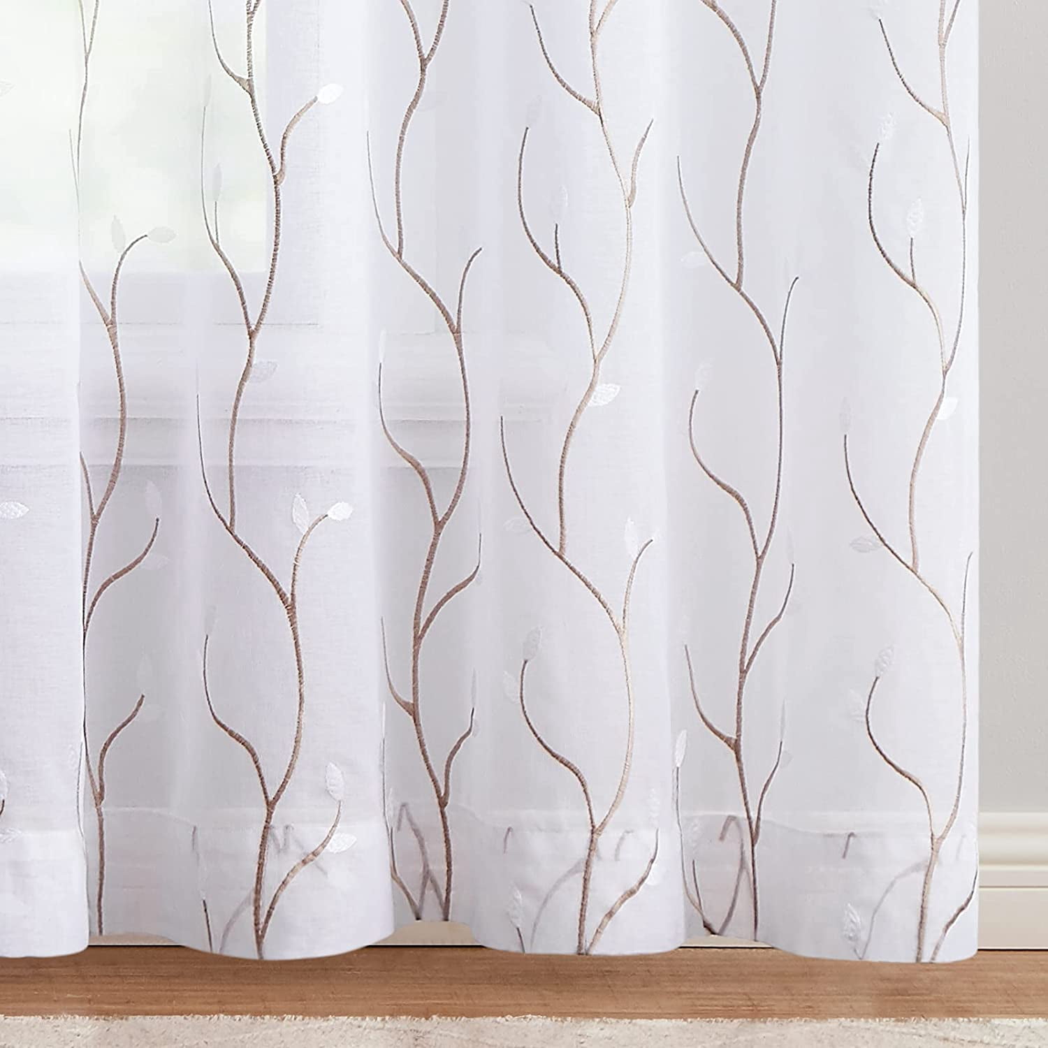 Curtainking Sheer Curtains Floral Embroidery Drapes 63 inch Voile Light Filtering Window Curtain Set for Living Room Bedroom Grommet 2 Panels White