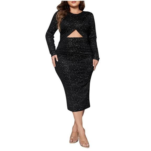 Plus Size Cocktail Dress for Women Long Sleeve Cutout Glitter Sequin Dress Elegant Party Wedding Guest Dress XL-4XL Black XXXL
