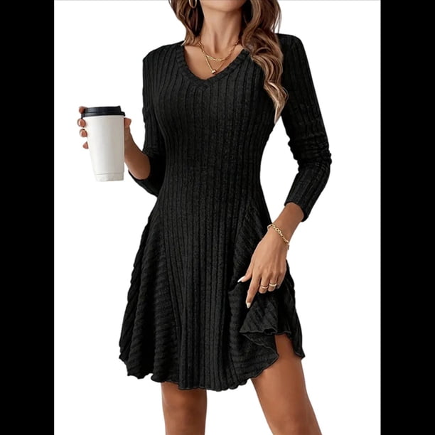 Vestido de Suéter de Larga, Vestido de Otoño, Cuello Redondo, Cintura Alta, Vestido Ajustado, Vestido Casual para Mujer Negro S