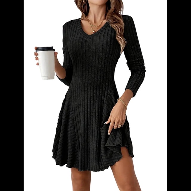 Vestido de Suéter de Larga, Vestido de Otoño, Cuello Redondo, Cintura Alta, Vestido Ajustado, Vestido Casual para Mujer Negro L