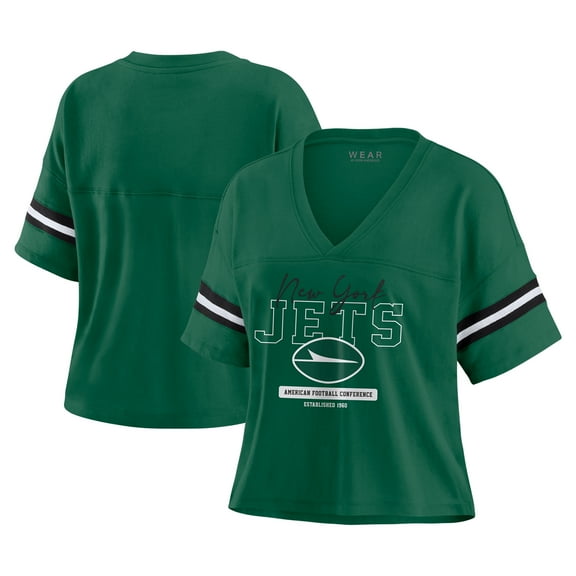 Women's WEAR by Erin Andrews Green New York Jets Color Block Boxy Modest Crop V-Neck T-Shirt
