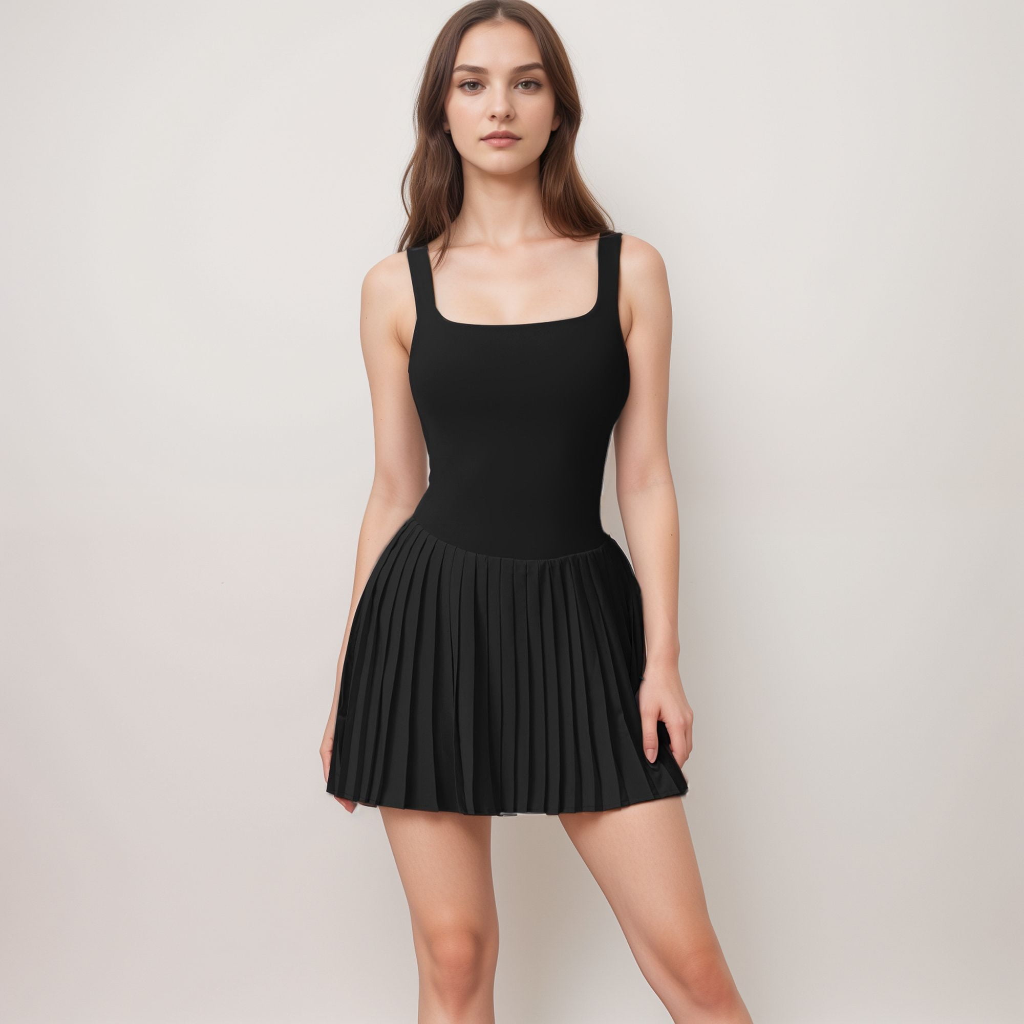 Women's Sleeveless Athletic Dress with Built-In Shorts Pleated Wrap Skirt and Stretch Fabric with Side Pocket - Black, Medium