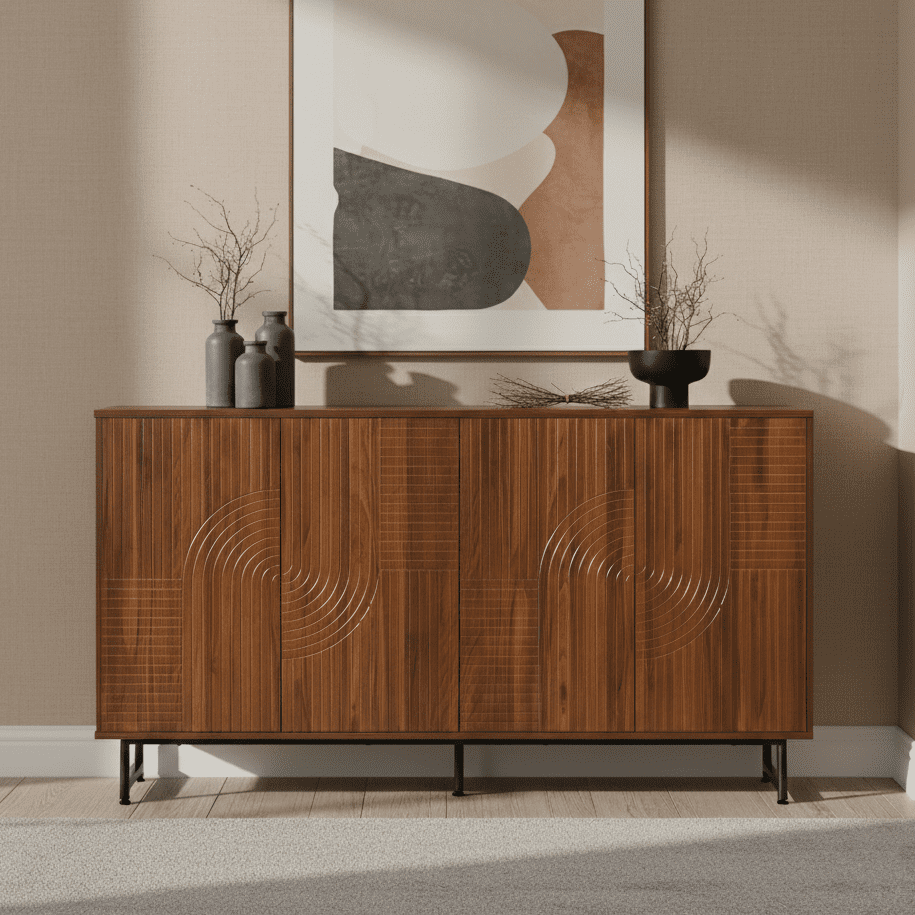 Aukfa 59" Mid-Century Modern Storage Cabinet, Wood Sideboard with Geometric Doors, Metal Legs for Living Room/ Entryway,Walnut