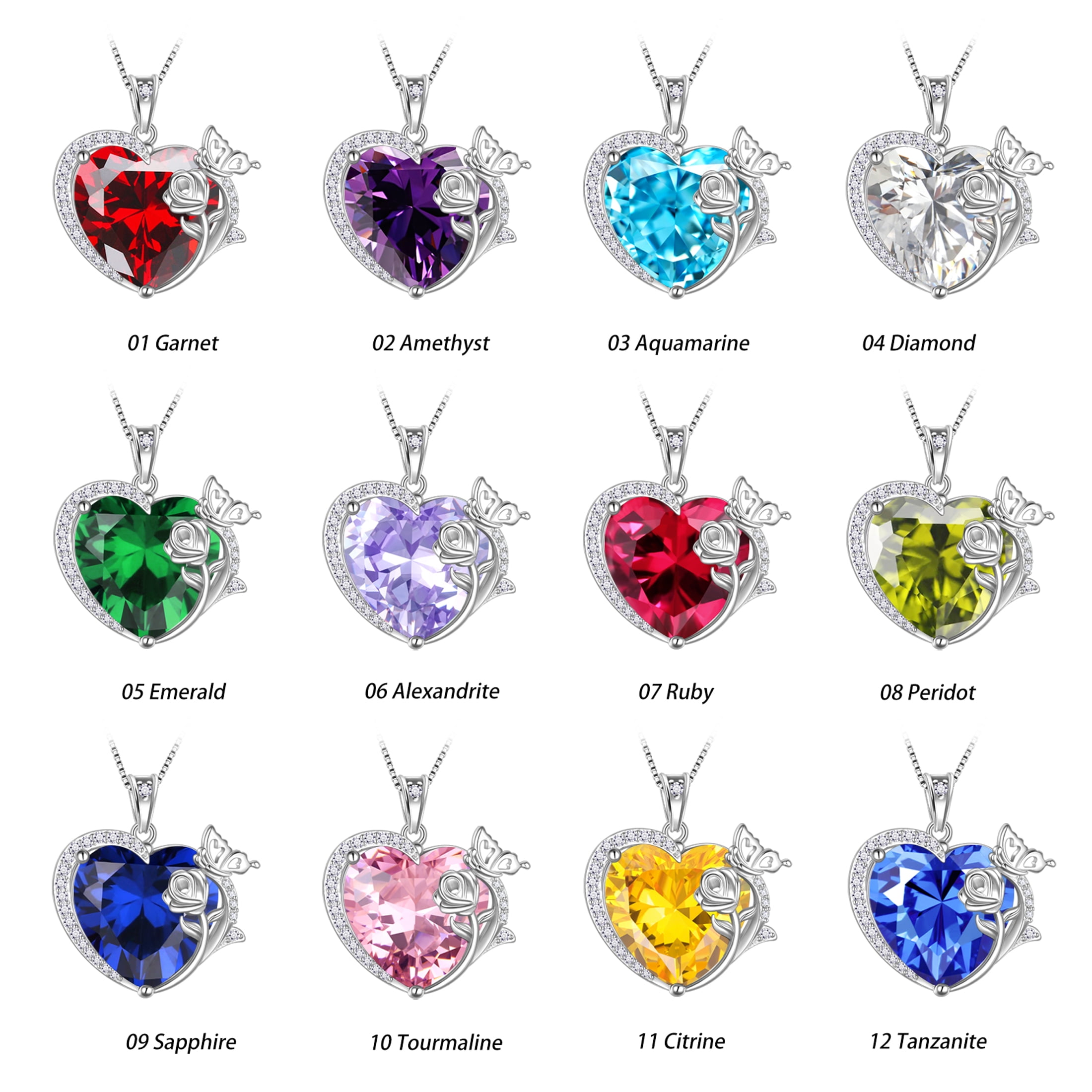 Juwaliy Women Heart Necklace Butterfly Rose Flower Pendant October Birthstone Tourmaline Pink Jewelry 925 Sterling Silver Mother Wife Girlfriend Valentines Gift