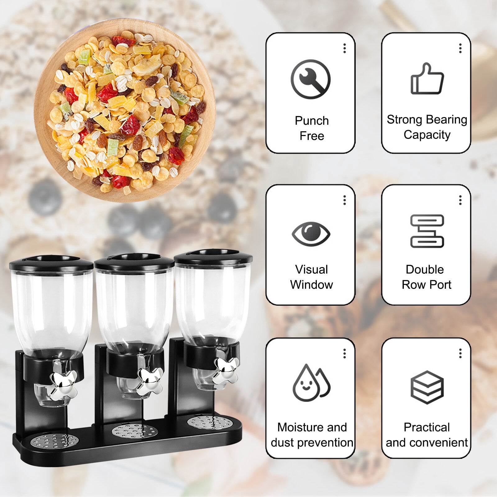 Triple Food Dispenser 2L Dry Food Dispenser Grain Dispenser Cereal Dispenser for Kitchen (Black)