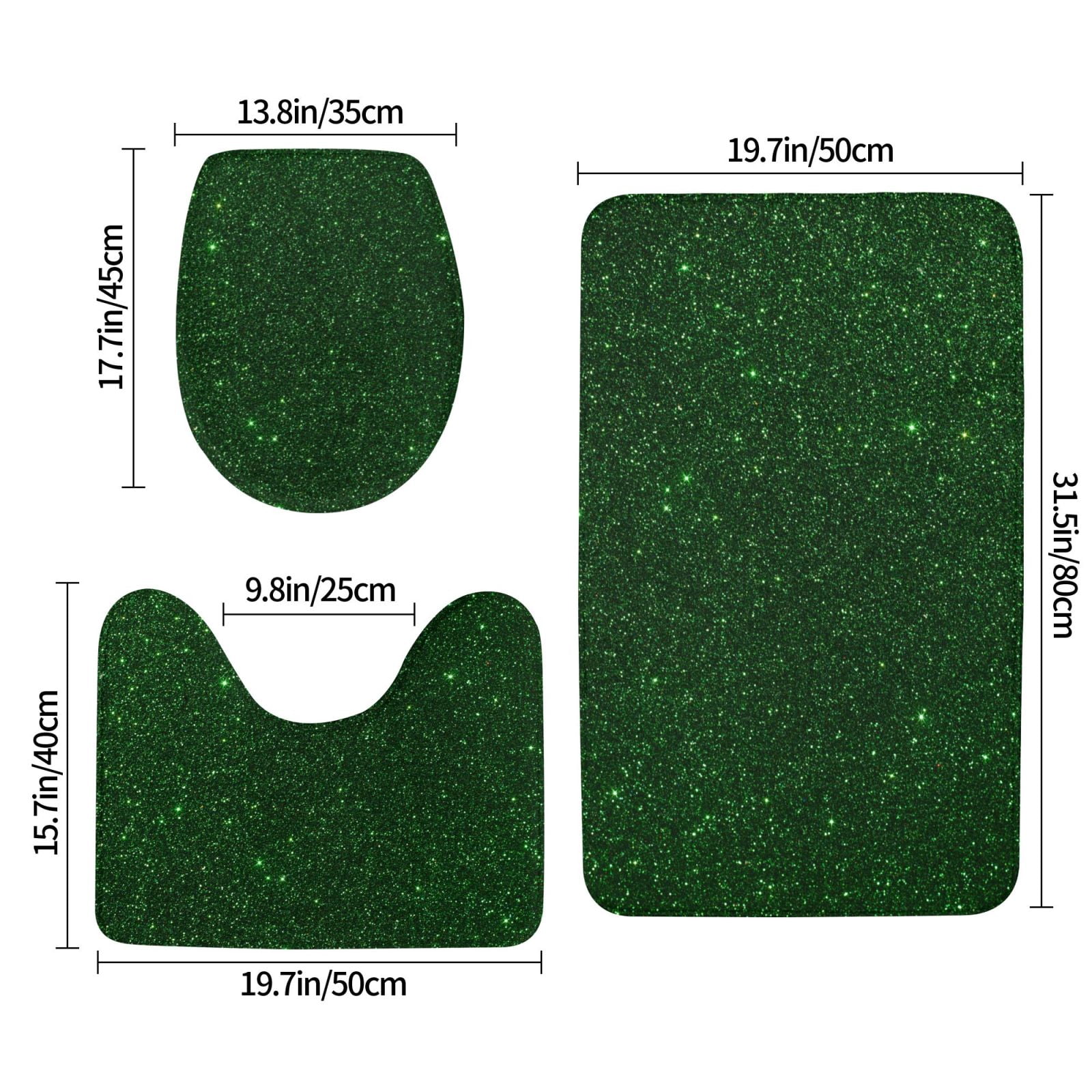 Bathroom Rugs Sets 3 Piece - Emerald Green Sparkling Absorbent Non Slip Bath Mats, U-Shape Toilet Lid Cover, Contour Mat, Soft Washable Shower Mats Bath Rug Mat for Bathroom Tub Toilet