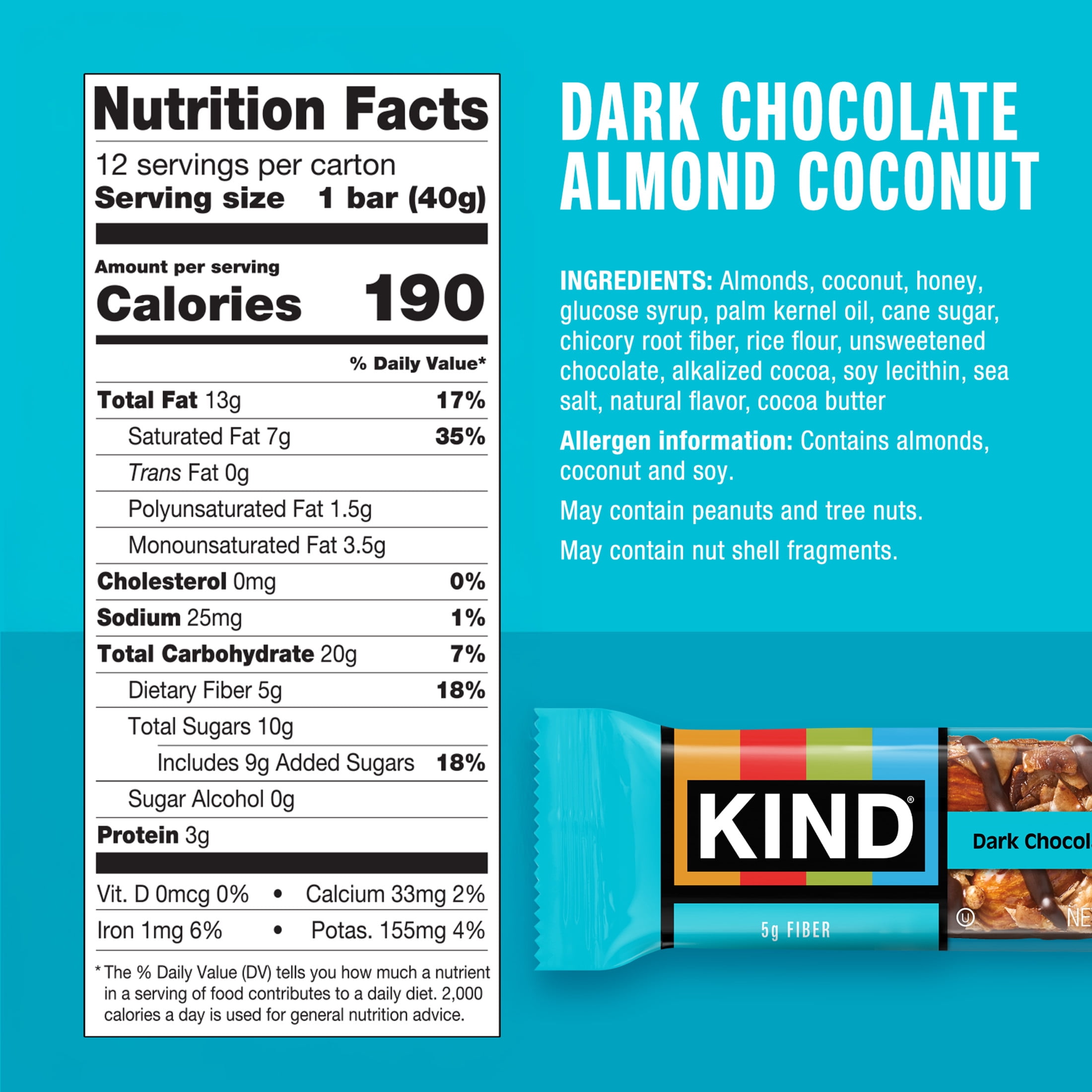 KIND Nut Bars, Dark Chocolate Almond & Coconut, 1.4 oz, 12 Count