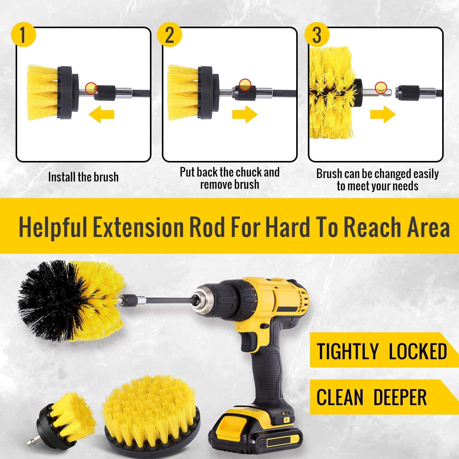 Drill Brush Power Scrubber Kit Cleaning Brush Extended Long Attachment 3 Pack 