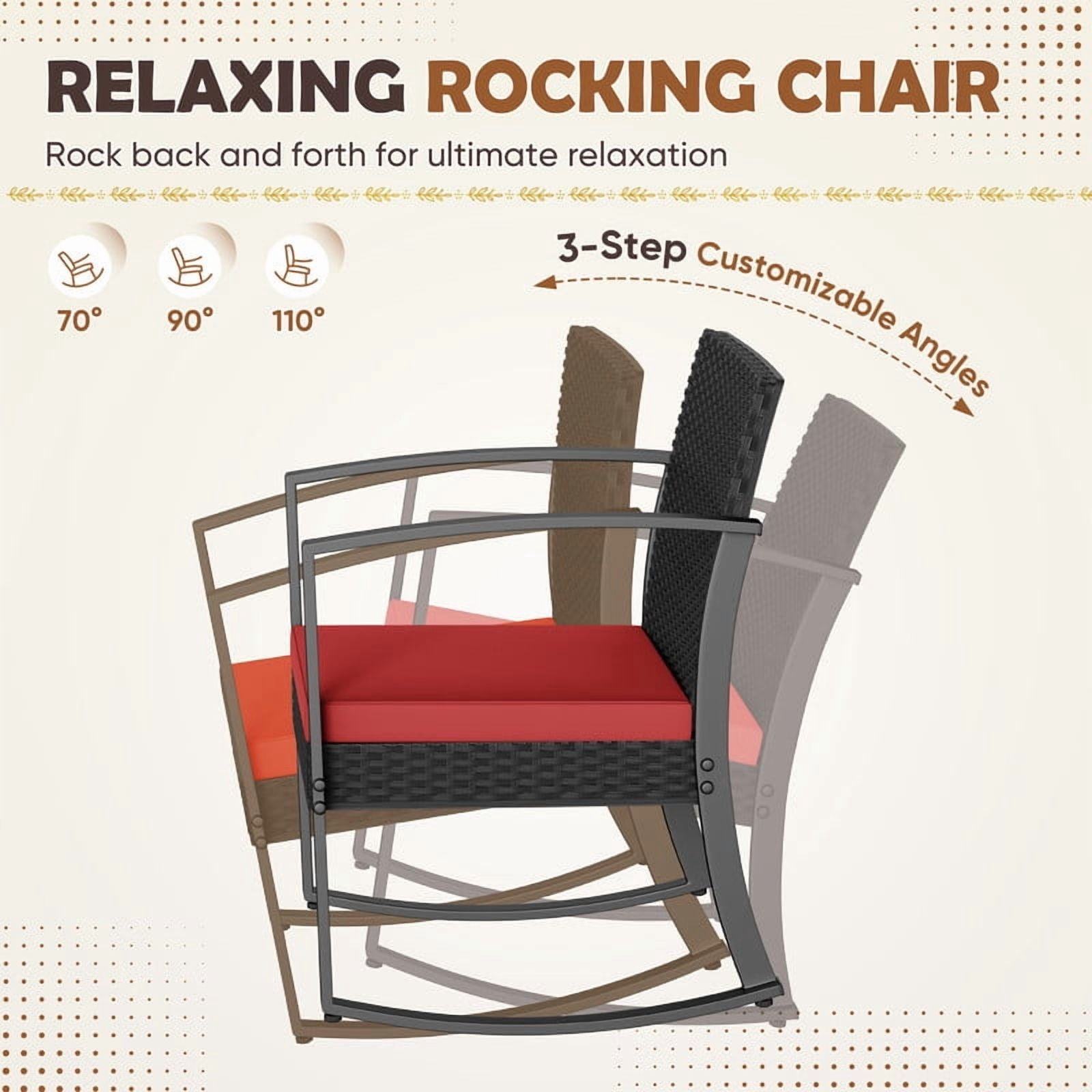 Homall Patio Furniture Set Outdoor Rocker All Weather PP Rocking Chair with Cushion Set of 3, Red