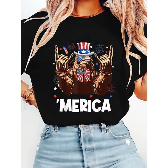 Funny Merica Bigfoot Rock Print Tshirts Vintage Patriotic Graphic Tees Short Sleeve Casual Tops for Cotton Shirts Daily Outfits Black,S
