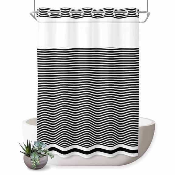 No Hook Shower Curtain, Farmhouse Black White Striped Shower Curtains for Bathroom with See Through Top Window, Modern Stripes Waterproof & Washable Bath Curtain Stall 48"x72"