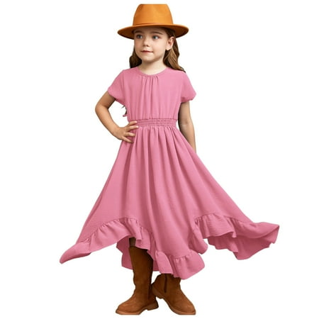 

OJinShaWanO Toddler Dresses Summer Kids Toddler Girls Summer Solid Color Party Dress Short Sleeve Irregular Hemline Princess Dress Evening Dress Clothes Pink Cotton Blend 12-13 Years