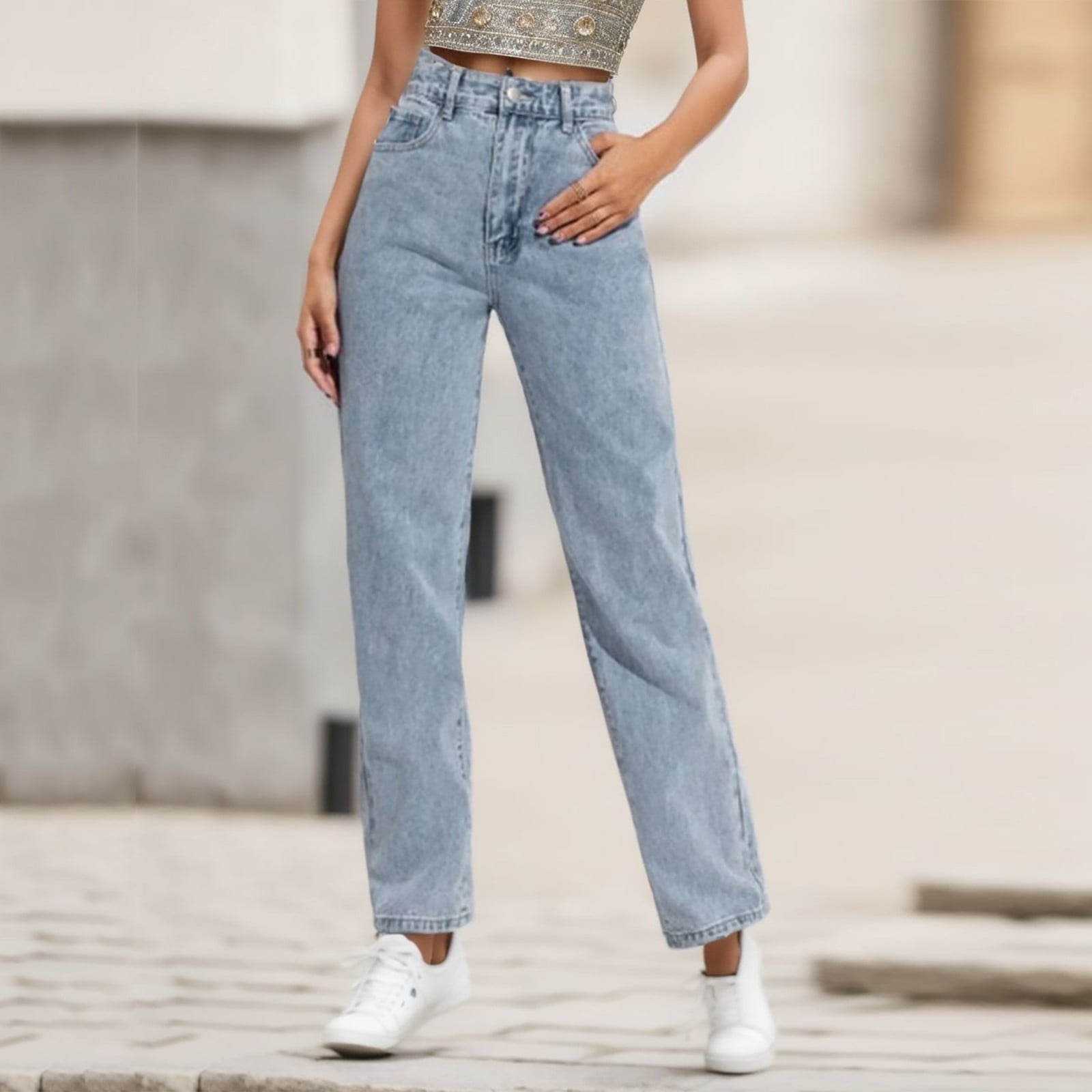 nsendm Female Pants Adult Womens Jean Leggings Denim Women s High Waist Jeans Loose Wide Leg Pants Jean Bell Bottom Pants for Women Light Blue L