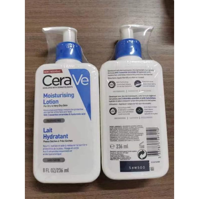 cerave ácido salicílico aminoácido loción corporal sin espuma limpiador de leche hidratante limpiador facial versión de ee. uu. dos botellas de 236 ml, vista frontal y trasera con dosificadores azules; envases blancos rectangulares, etiqueta frontal 'CeraVe Moisturising Lotion' en inglés y francés y reverso con instrucciones y símbolos de reciclaje; también adecuado como loción corporal hidratante para uso diario.