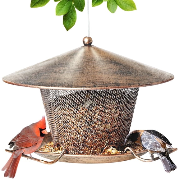 Samhe Bird Feeder for Outdoor, Metal Hanging Wild Bird Feeder with 9.8" Roof 3 lbs Seeds Capacity