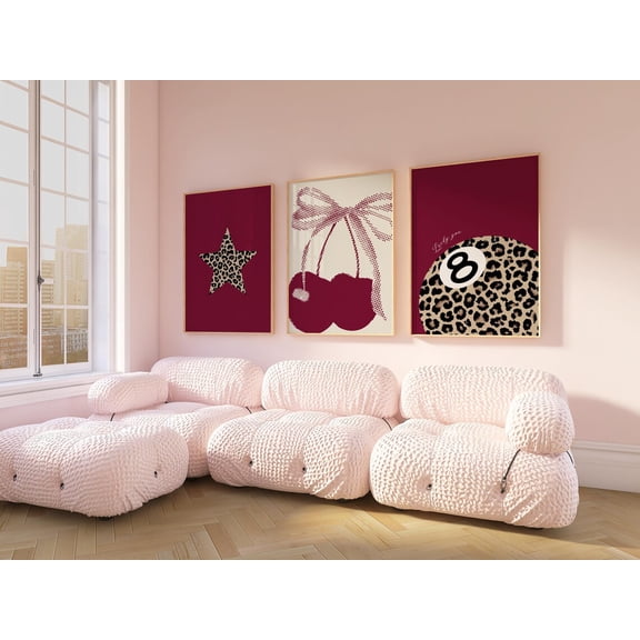 UNFFRAMED Coquette Wall Art Set, Leopard Print Cherry Poster, Star And 8 Ball Prints, Retro Girly Decor, Burgundy Room Aesthetic Art Bundle Set 3 Prints 8x12