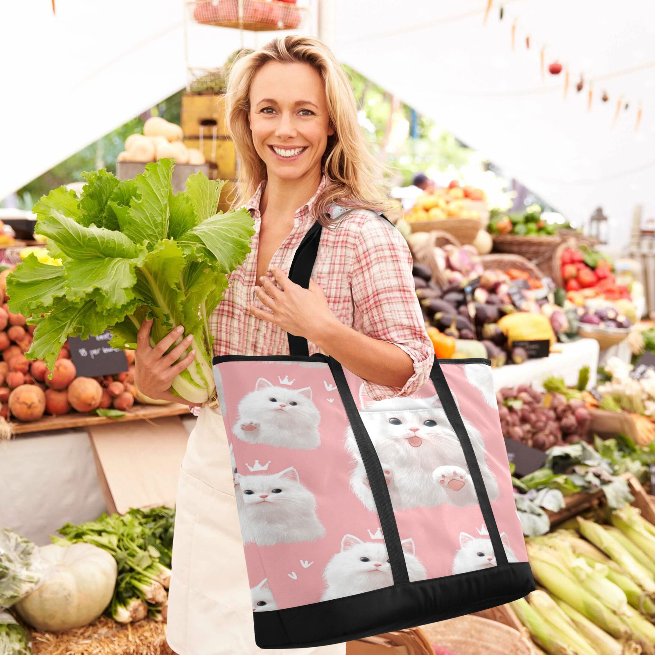 Extra-Large Wide Opening Design Capacity Hand-Held Ice Pack Thickened Insulation Layer For Long-Lasting Cold Retention For Outdoor Shopping Picnics And Camping Happy White Cat Face