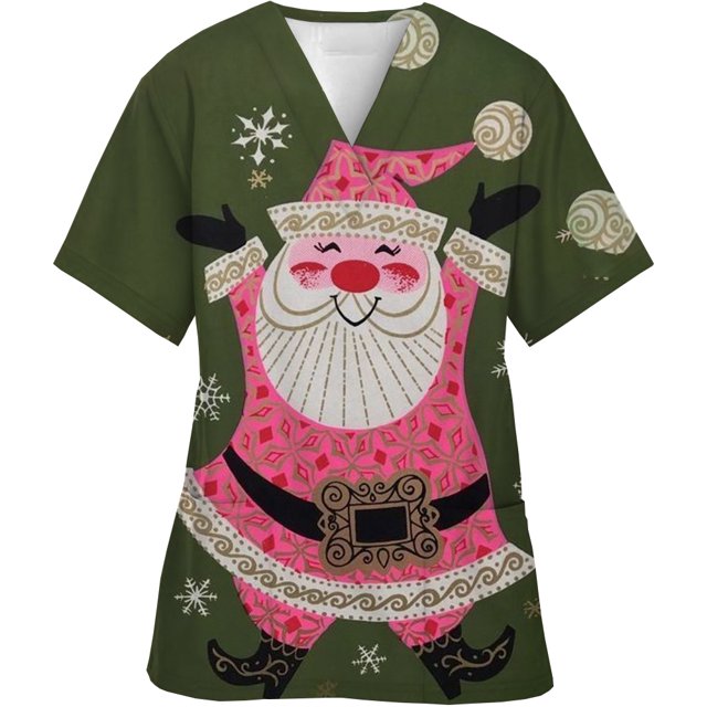 Blusa de algodón con cuello en V para hombre y mujer, ropa de trabajo con estampado navideño, uniforme médico, médico, enfermera