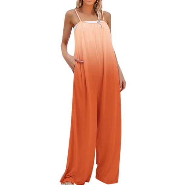 VISgogo Mono para mujer, tirantes finos, color degradado, pantalones largos sueltos de pierna ancha para fiesta informal VISgogo moda