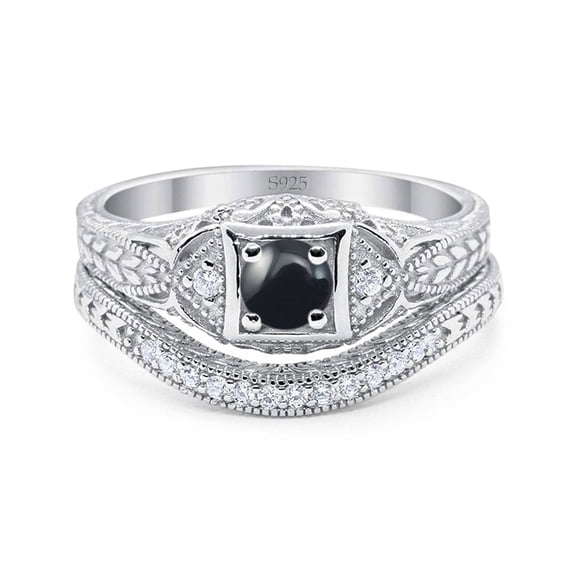 Natural Black Onyx Size-5 Two Piece Round Vintage Style Leaf Filigree Design Wedding Set Engagement Bridal Ring 925 Sterling Silver Gifts For Her