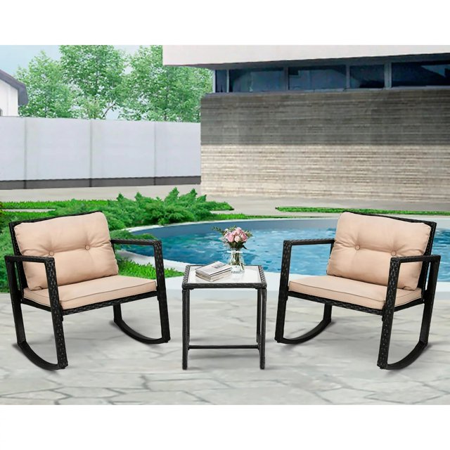3 Piece Outdoor Rocking Chair Set,Wicker Bistro Sets Rattan Chair Front Porch Furniture Rocking,Chairs Set of 2,Cushioned Patio Rocker Chair Set with Glass Table for Backyard Porch Poolside (Black)