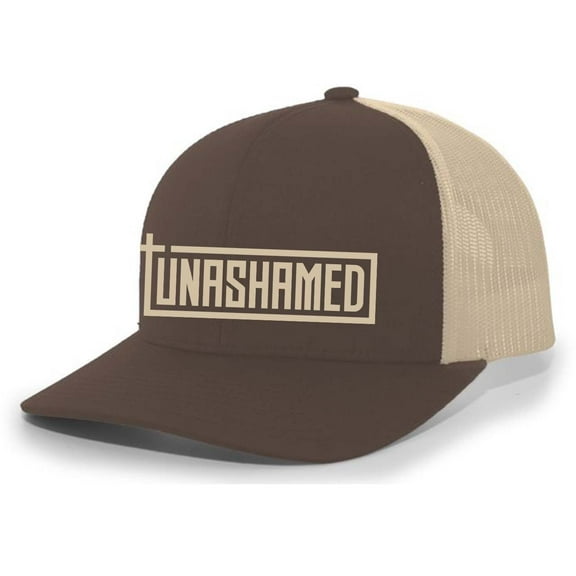 Mens Christian Hat Embroidered Unashamed Cross Scripture Mesh Back Trucker Hat, Brown/Khaki