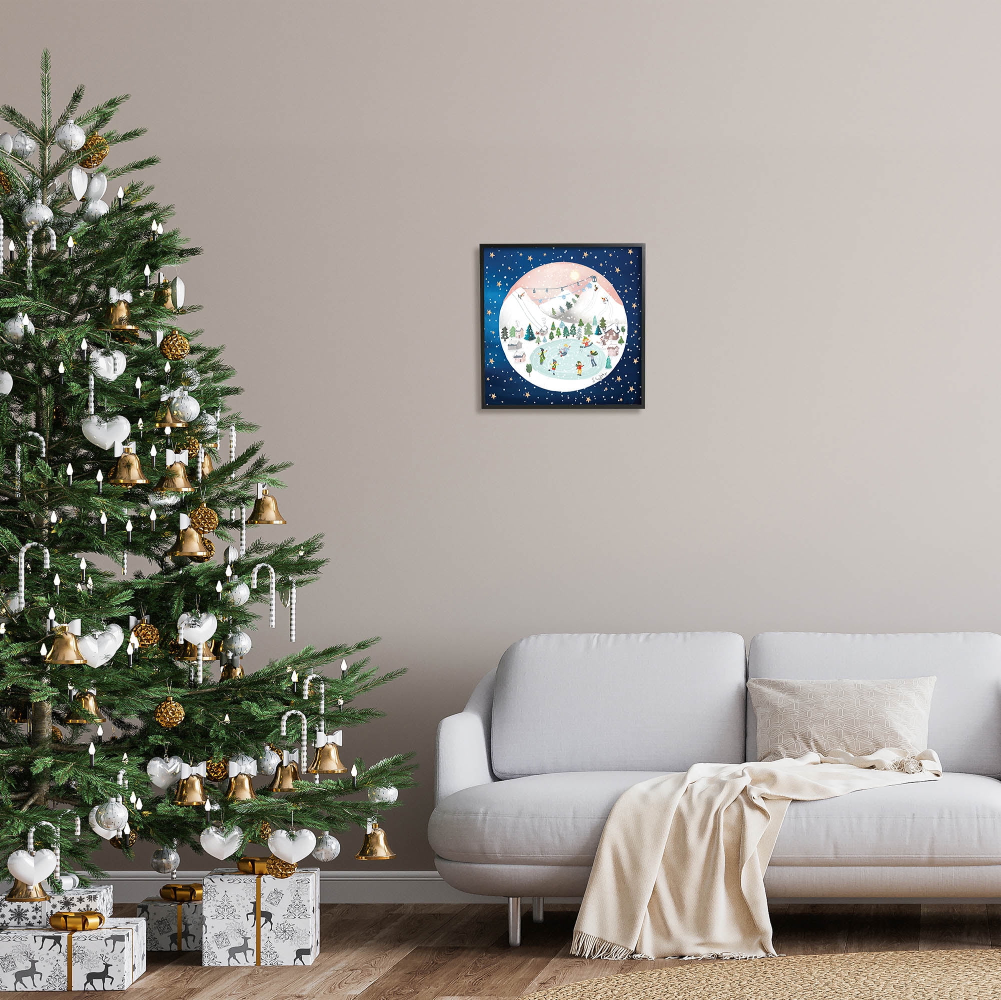 Stupell Industries Ice Skating Christmas Snow Scene Holiday Painting Black Framed Art Print Wall Art