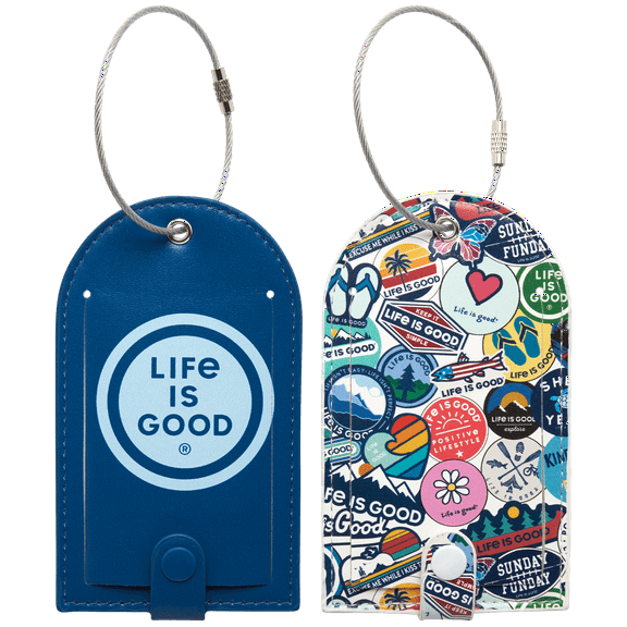 LIFE IS GOOD Luggage Tag - 2 Piece Vegan Leather Travel Suitcase Tag with Name Card - Baggage ID Label with Steel Loop Fastener